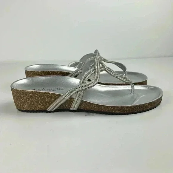 SILVER SANDALS A.GIANNETTI MADE IN ITALY SZ 9 NWT CORK SOLE THONG W/ RHINESTONE - Picture 2 of 8